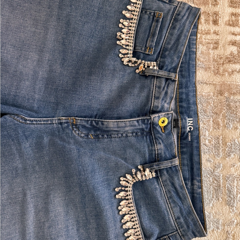 INC International Concepts Women's High Rise Blue Jeans with Embellishments
